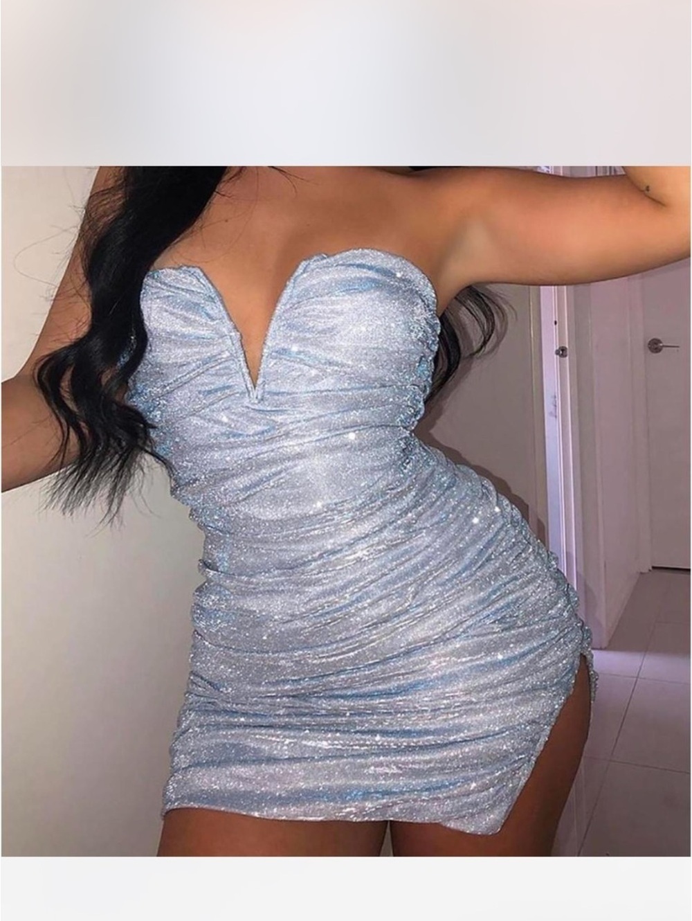 Fashion Nova Soft Blue Ruched Sparkle Mini Dress NWT
